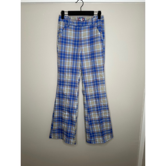 Urban Outfitters Women's Plaid Flare Pants Blue 70s Style High Waisted Trousers - Picture 3 of 10